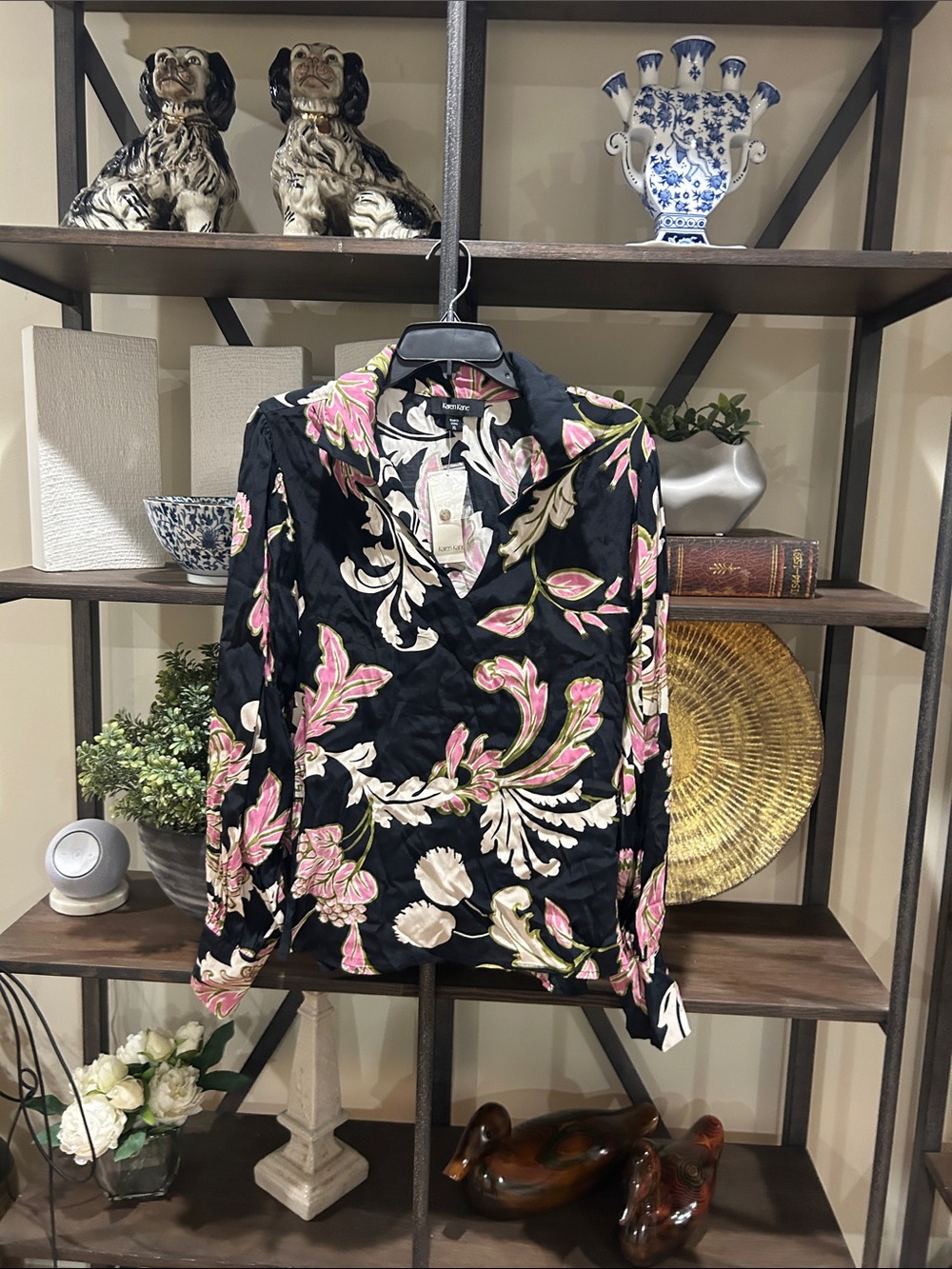 Karen Kane Black blouse with Pink & Cream Floral Scroll Pattern XL